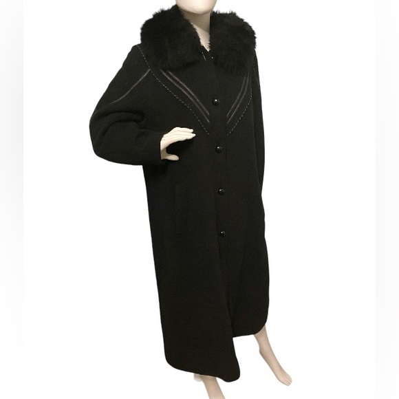 Vintage 70s 80s Fur Wool Pea Trench Coat Long Leather Inserts Button Down Warm - Picture 13 of 16